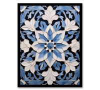 Artery8 Blue Arabesque Flower Design Ornate Symmetrical Floral Pattern Artwork Framed Wall Art Print A4