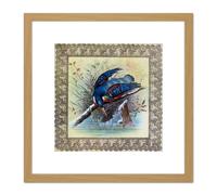 Artery8 Blue Bird Winter Fishing River Nature Illustration 8X8 Inch Square Wooden Framed Wall Art Print Picture with Mount in Light Oak Artery8 Light Oak