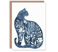 Artery8 Blue Boho Floral Cat Lover Animal Watercolour Blank For Him Or Her Art Birthday Card