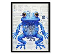 Artery8 Blue Frog Robot Hybrid Schematic Blueprint Futuristic Secret Complex Arcane Manuscript Gift For Him Man Cave Art Print Framed Poster Wall Artery8 Black W12" x H16"