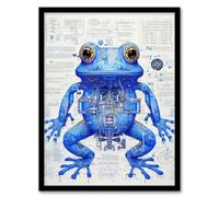 Artery8 Blue Frog Robot Hybrid Schematic Blueprint Futuristic Secret Complex Arcane Manuscript Gift For Him Man Cave Artwork Framed Wall Art Print 18X24 Inch