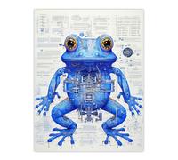 Artery8 Blue Frog Robot Hybrid Schematic Blueprint Futuristic Secret Complex Arcane Manuscript Gift For Him Man Cave Extra Large XL Wall Art Poster Print
