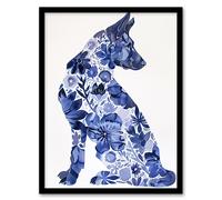 Artery8 Framed Wall Art Blue German Shepherd Floral Pattern Watercolour - 12X16 Inch