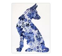 Artery8 Blue German Shepherd Floral Pattern Watercolour Living Room Extra Large XL Wall Art Poster Print