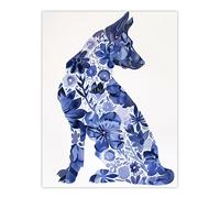Artery8 Unframed Wall Art Blue German Shepherd Floral Pattern Watercolour - 12X16 Inch