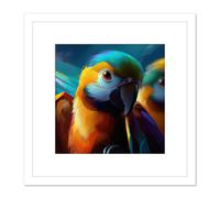Artery8 Blue & Gold Macaw Parrot Vibrant Colourful Oil Painting Square Wooden Framed Wall Art Print Picture 8X8 Inch in White Artery8 White