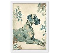 Artery8 Blue Great Dane Dog with Flower Pattern Fur Coat Modern Illustration Artwork Framed A3 Wall Art Print