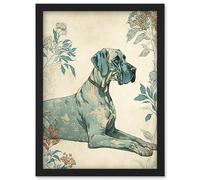 Artery8 Blue Great Dane Dog with Flower Pattern Fur Coat Modern Illustration Artwork Framed Wall Art Print A4 in Black Artery8 Black