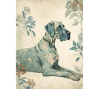 Artery8 Blue Great Dane Dog with Flower Pattern Fur Coat Modern Illustration Extra Large XL Wall Art Poster Print