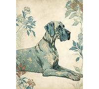 Artery8 Blue Great Dane Dog with Flower Pattern Fur Coat Modern Illustration Unframed Wall Art Print Poster Home Decor Premium