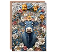 Artery8 Blue Highland Cow Boho Floral Relief Portrait Birthday Greeting Card Artery8 Blue