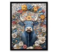 Artery8 Blue Highland Cow Boho Floral Relief Portrait Living Room Artwork Framed Wall Art Print 18X24 Inch