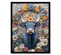 Artery8 Blue Highland Cow Boho Floral Relief Portrait Living Room Artwork Framed Wall Art Print A4
