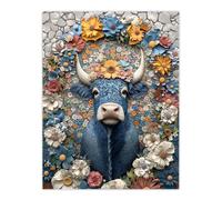 Artery8 Blue Highland Cow Boho Floral Relief Portrait Wall Art Print | Size: W12" x H16" Artery8 Blue W12" x H16"
