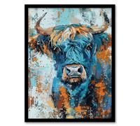 Blue Highland Cow Oil Painting Scottish Animal Framed Art Print Artery8 Blue A4