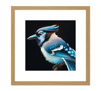Artery8 Blue Jay Bird Perched Acrylic Paint on Black Paper Portrait Square Wooden Framed Wall Art Print Picture 8X8 Inch in Light Oak Artery8 Light Oak