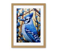 Artery8 Blue Jay Geometric Artwork Wild Bird Perched on Tree Polygonal Forest Landscape Artwork Framed Wall Art Print 18X24 Inch