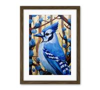 Artery8 Blue Jay Geometric Artwork Wild Bird Perched on Tree Polygonal Forest Landscape Artwork Framed Wall Art Print 18X24 Inch
