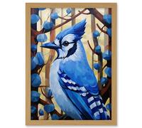 Artery8 Blue Jay Geometric Artwork Wild Bird Perched on Tree Polygonal Forest Landscape Artwork Framed A3 Wall Art Print