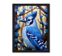 Artery8 Blue Jay Geometric Artwork Wild Bird Perched on Tree Polygonal Forest Landscape Artwork Framed Wall Art Print 18X24 Inch