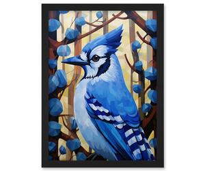 Artery8 Blue Jay Geometric Artwork Wild Bird Perched on Tree Polygonal Forest Landscape Artwork Framed A3 Wall Art Print
