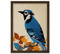 Artery8 Blue Jay Textured Autumn Bird Artwork Framed Wall Art Print A4 in Brown Artery8 Brown