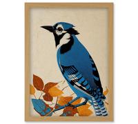 Artery8 Blue Jay Textured Autumn Bird Artwork Framed Wall Art Print A4 in Light Oak Artery8 Light Oak