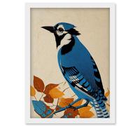 Artery8 Blue Jay Textured Autumn Bird Artwork Framed Wall Art Print A4 in White Artery8 White