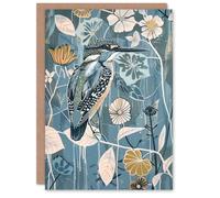 Artery8 Greeting Card Blue Kingfisher Bird Floral Branch Flower Pattern Blank For All Him Or Her Art Birthday Card