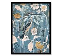 Blue Kingfisher Bird Floral Branch Flower Pattern Framed Art Print Artery8 Blue A4