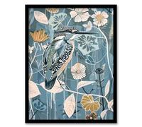Artery8 Blue Kingfisher Bird Floral Branch Flower Pattern Living Room Artwork Framed Wall Art Print A4