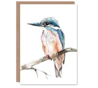 Artery8 Greeting Card Blue Kingfisher Bird Modern Watercolour Simple Blank For All Him Or Her Art Birthday Card