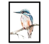 Artery8 Blue Kingfisher Bird Modern Watercolour Simple Framed Art Print in White | Size: W12" x H16" Artery8 White W12" x H16"