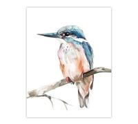 Blue Kingfisher Bird Modern Watercolour Simple Wall Art Print Artery8 White W24 inch x H32 inch
