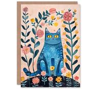 Artery8 Blue Kitten Wildflowers Floral Folk Art Cat Lover For Her Woman Birthday Card