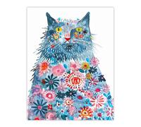 Artery8 Blue Kitty Covered in Flowers Cat Lover Folk Art Kids Bedroom Nursery Large Wall Art Poster Print Thick Paper 18X24 Inch