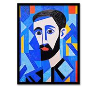 Artery8 Blue Man Vibrant Abstract Oil Painting Young Male with Beard Cubist Portrait Artwork Framed Wall Art Print 18X24 Inch