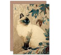 Artery8 Blue Point Ragdoll Cat and Plant Pattern Art Nouveau Modern Illustration Art Birthday Sealed Greeting Card Plus Envelope Blank inside