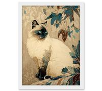 Artery8 Blue Point Ragdoll Cat and Plant Pattern Art Nouveau Modern Illustration Artwork Framed A3 Wall Art Print