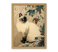 Artery8 Blue Point Ragdoll Cat and Plant Pattern Art Nouveau Modern Illustration Artwork Framed Wall Art Print 18X24 Inch