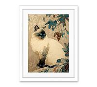 Artery8 Blue Point Ragdoll Cat and Plant Pattern Art Nouveau Modern Illustration Artwork Framed Wall Art Print 18X24 Inch