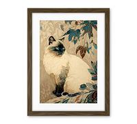 Artery8 Blue Point Ragdoll Cat and Plant Pattern Art Nouveau Modern Illustration Artwork Framed Wall Art Print 18X24 Inch