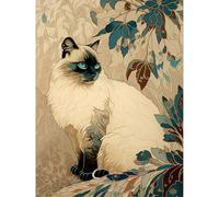 Artery8 Blue Point Ragdoll Cat and Plant Pattern Art Nouveau Modern Illustration Extra Large XL Wall Art Poster Print