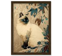 Artery8 Blue Point Ragdoll Cat and Plant Pattern Art Nouveau Modern Illustration Artwork Framed Wall Art Print A4