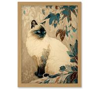 Artery8 Blue Point Ragdoll Cat & Plant Pattern Art Nouveau Modern Illustration Artwork Framed Wall Art Print A4 in Light Oak Artery8 Light Oak