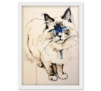 Blue Point Ragdoll Cat Sketch Drawing Portrait Artwork Framed Wall Art Print A4 Artery8 White One Size