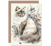 Artery8 Blue Point Ragdoll Cat with Flowers Watercolour Illustration Art Birthday Sealed Greeting Card Plus Envelope Blank inside