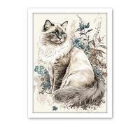 Artery8 Blue Point Ragdoll Cat with Flowers Watercolour Illustration Artwork Framed Wall Art Print 18X24 Inch