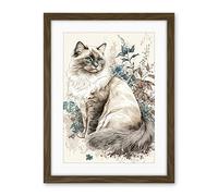 Artery8 Blue Point Ragdoll Cat with Flowers Watercolour Illustration Artwork Framed Wall Art Print 18X24 Inch