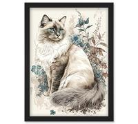 Blue Point Ragdoll Cat with Flowers Watercolour Illustration Artwork Framed Wall Art Print A4 Artery8 Black One Size